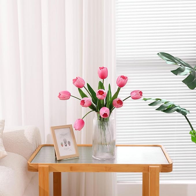 10PCS Artificial 18.5" Long Stem Pink Tulips Bouquet PU Flowers, Fake 6 Color Tulip Faux Flowers with Bendable Stems for Floral Table Wedding Home Decor