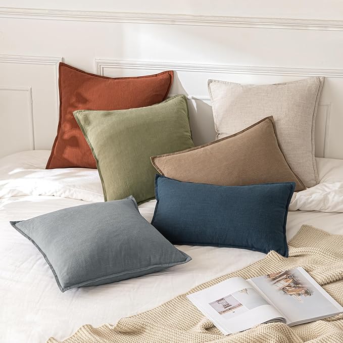 MIULEE Decorative Linen Pillow Covers 16x16 Inch Rust Boho Farmhouse Neutral Couch Throw Pillows for Bed Pack of 2 Accent Modern Pillowcase Summer Sofa Livingroom Home Decor