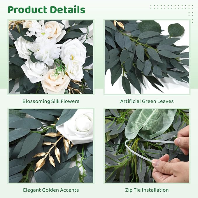 Large Wedding Arch Flowers Set of 2, 49''L & 26''L Wedding Arch Faux Flowers Decor and Artificial Flower Arrangements Decorations for Reception,Welcome Sign and Ceremony Backdrop