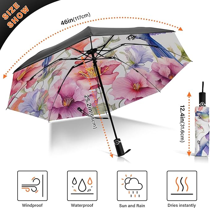 Automatic Folding Umbrella Windproof Strong, UV Protection Compact Floral Hydrangea Hummingbird Sun Rain Sun Rain Travel Umbrellas for Women Men