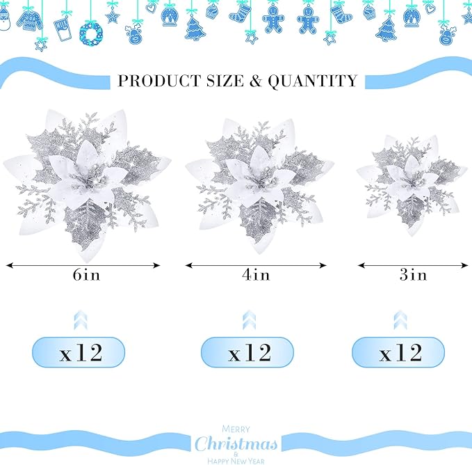 36 Pcs Christmas Glitter Artificial Poinsettia Flowers Xmas Poinsettia Artificial Wedding Flowers Decorations Xmas Tree Ornaments with Clips for Party, 6 Inch, 4 Inch, 3 Inch(Silver and White)
