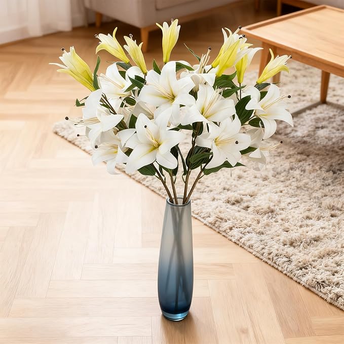 2PCS 37.7Inch White Artificial Lily Flowers With 10 Heads Lilies Faux Flowers for Floor Vase Wedding Home Party Indoor Table Hotel Office Vases Floral Arrangements Outdoor Party Garden Decor(White)