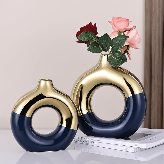 Blue and Gold Vase Decor Donut Vase Set of 2 - Circle Hollow Vases, Modern Matte Ceramic Vases for Entryway Living Room Bedroom Dining Table Centerpiece Office Home Decor