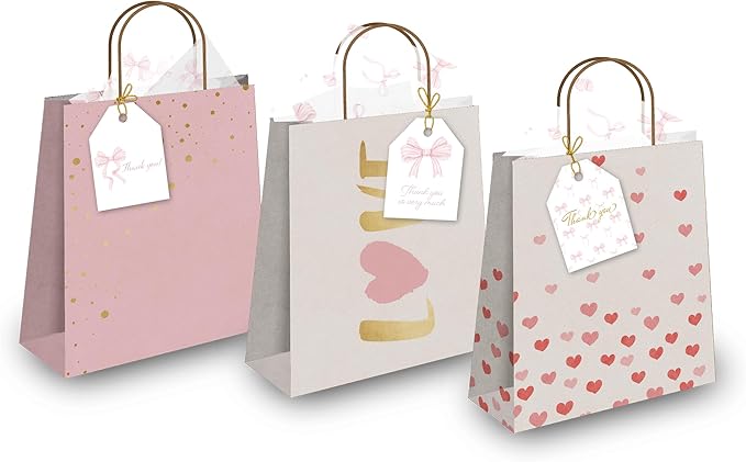 Pro Supply Global 24 Count of 2.5 Inch x 3 Inch Pre Strung Pink Bows Gift Tag Assorted Printed Designs on Large Cardstock Gift Hang Tags - Ideal to Use on Bags