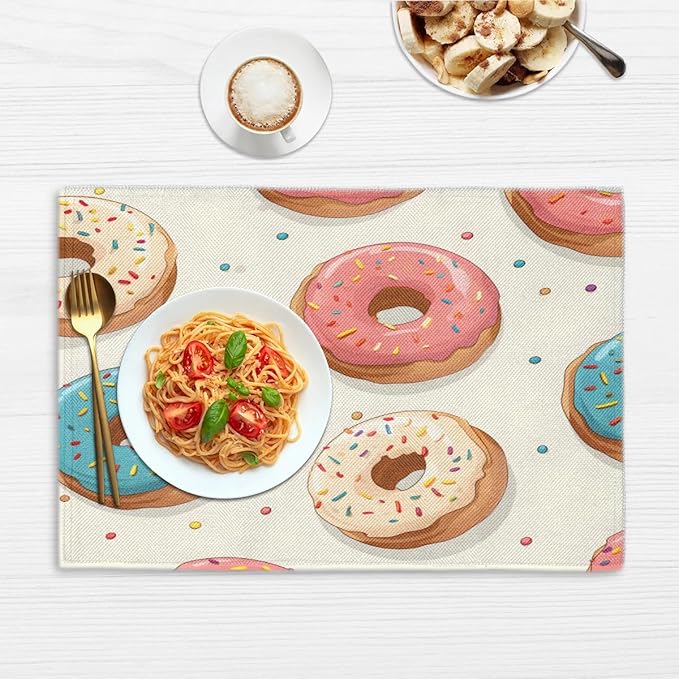 Donuts Placemats, Place Mats Set of 4, Heat Resistant Place Mats, Washable Table Mats for Dining Table, Non-Slip Stain Resistant Kitchen Table Placemats, Food Donut