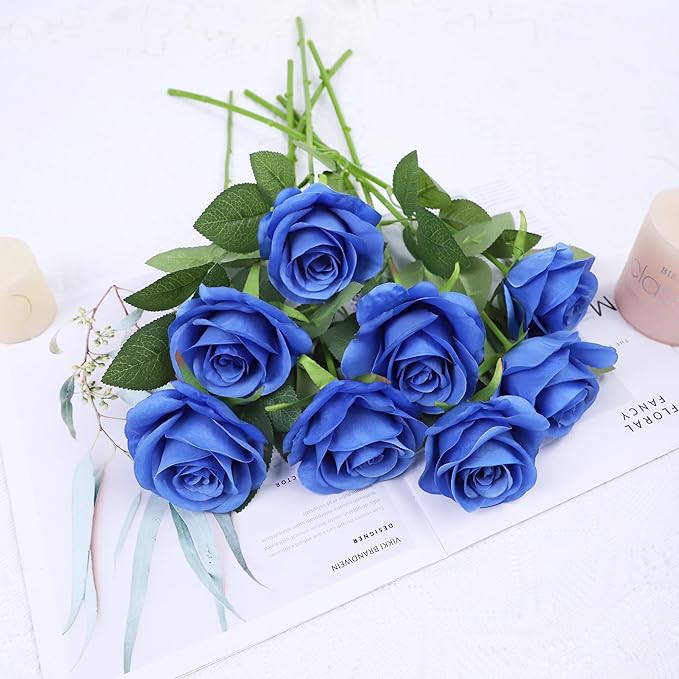 Artificial Rose Flower Artificial Flowers Flower with Long Stem Silk Roses Bouquet for Wedding Bridal Shower Party Home Decoration (Royal Blue, 12 Pcs)