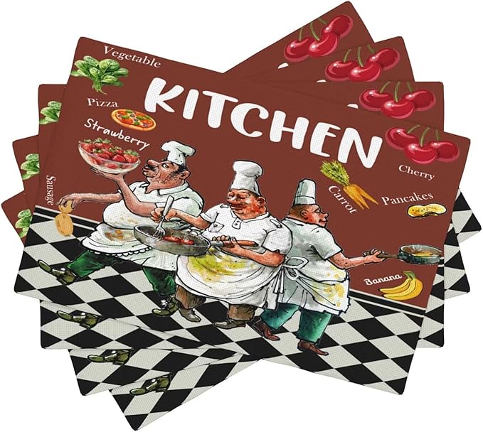 Chef Kitchen Linen Placemats Set of 4 Funny Fat Chef Cooking Theme Placemats for Indoor Outdoor Party Home Desktop Dining Room Decor 12x18 Inch