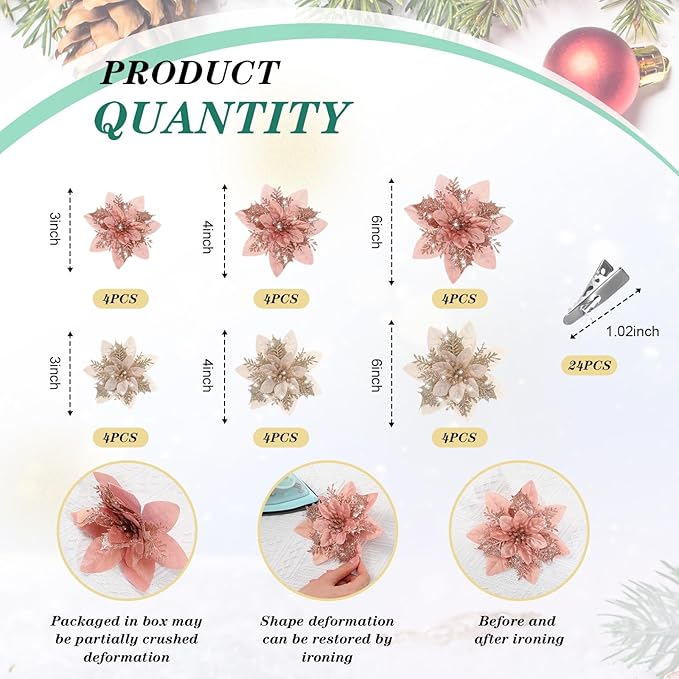 Geosar 24 Christmas Glitter Artificial Poinsettia Flowers Xmas Poinsettia Wedding Flowers Decorations Xmas Tree Ornaments with Clips for Party Favors, 6 Inch, 4 Inch, 3 Inch(Gold and Rose Gold)