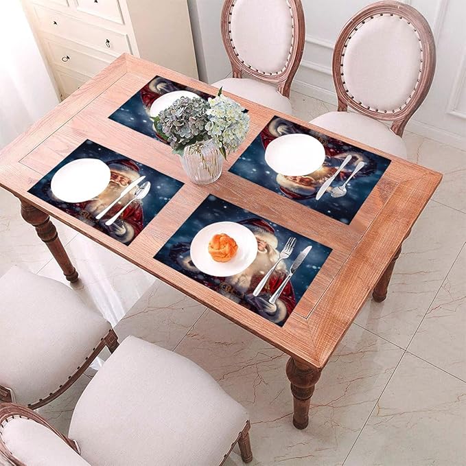 PVC Placemats Set of 6 Wipeable Table Mats Washable Heat Resistant Non Slip Vinyl Dining Table Mat for Kitchen Indoor Outdoor Patio Farmhouse Place Mats Lamp Christmas Santa Decorative