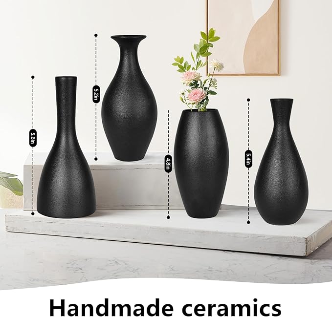 Black Ceramic Vases Set of 4, Handmade Classic Matte Vases for Home Decor,Rustic Bud Vases Decorations for Table,Shelf,Office,Housewarming, (Black)
