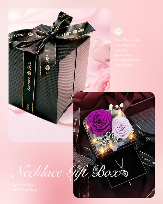 Birthday Gifts for Women, Preserved Real Roses with Heart Necklace I Love You in 100 Languages, Anniversary Wedding Gifts for Women Her Girlfriend Wife, 2 Forever Roses Necklace Gift Box Purple