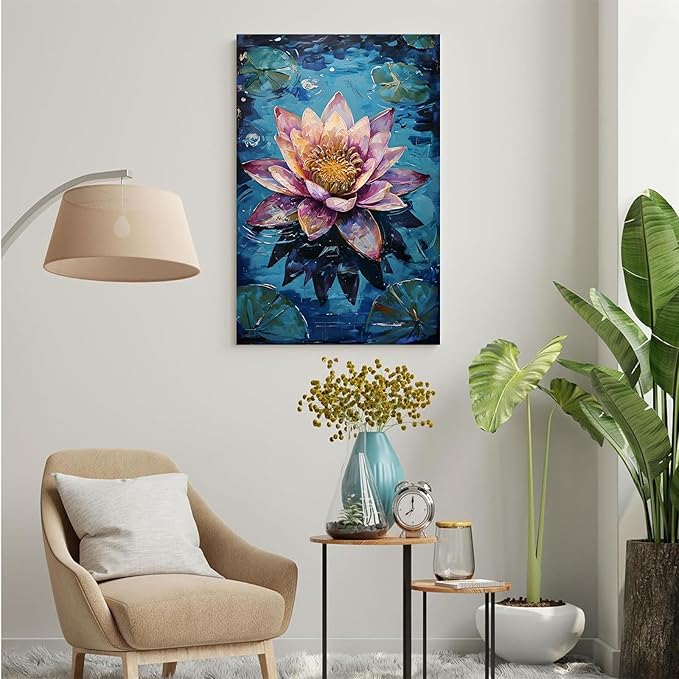 Gorgeous pink and purple water lilies on deep blue water Eye-catching oil painting Serene aquatic wall art for modern home decor 28x40in Wood Framed