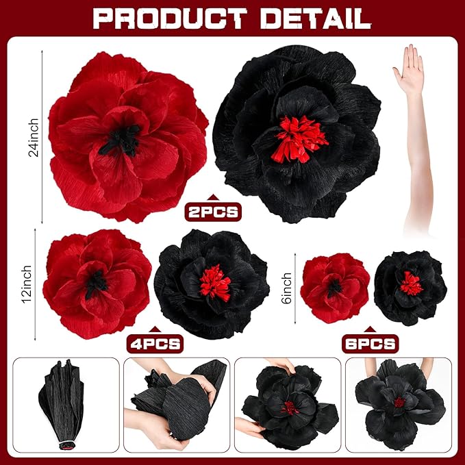 Giant Paper Flowers Artificial Large Paper Flower Decoration for Handcrafted Wall Backdrop Christmas Mexican Wedding Graduation Bridal Shower Birthday Party Supplies(Wine Red and Black,12 Pcs)