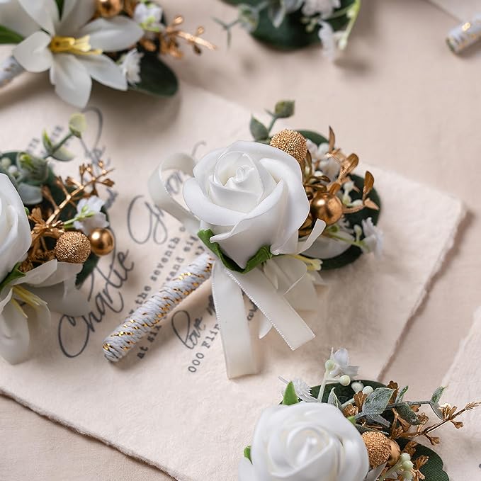 Meldel White Boutonniere for Men Wedding with Pins,Set of 6, Greenery Corsage Rose Groom Groomsmen Boutonniere for Wedding,Prom,Homecoming,Party,etc.