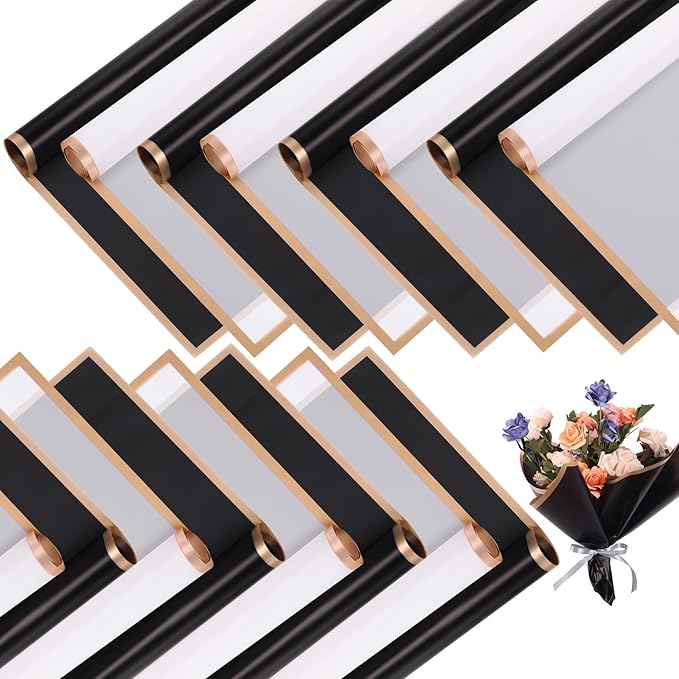 Yahenda 420 Sheet Flower Wrapping Papers Flower Bouquet Paper with Gold Edge Korean Style Bouquet Wrapping for Floral Supplies Wedding Anniversary DIY Gifts, 23 x 23 Inch(Black, White)