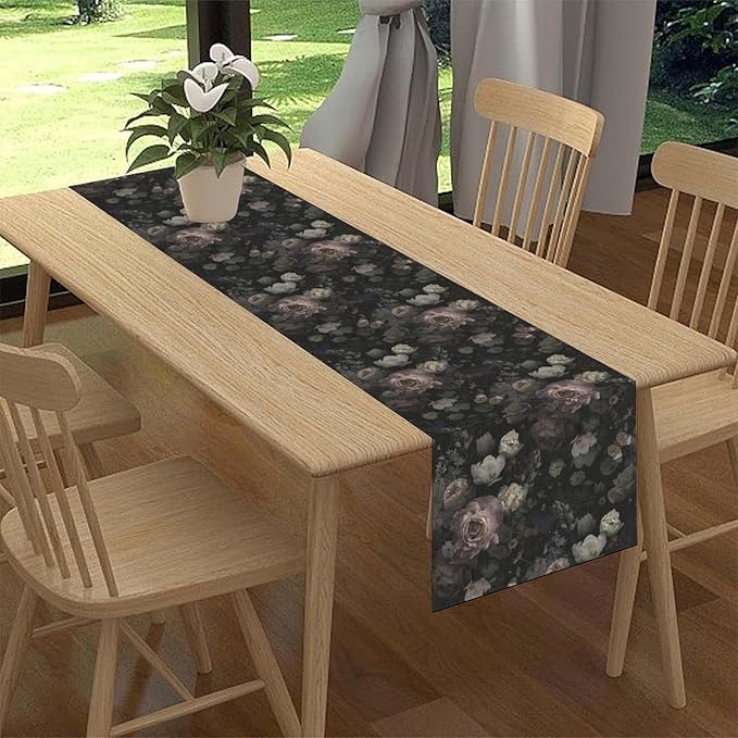 Gothic Floral Table Runner, Vintage Garden Flower Black Witchy Farmhouse Coffee Table Center Decor for Home Kitchen Dining Patio Holiday Party Table Decorations 13x36 inches