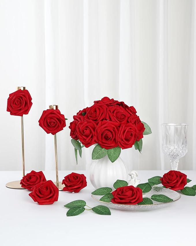 DuHouse 50Pcs Artificial Roses Flowers Fake Roses with Stems Real Touch Foam Flowers for DIY Wedding Bouquet Baby Shower Centerpiece Floral Arrangement Party Home Decor(Dark Red)