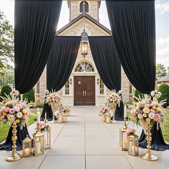 gogoparti 30x15 ft Black Backdrop Curtain for Weddings & Parties - 6-Panel Wrinkle-Free Polyester Drape, 15 FT Long for Birthday, Baby Shower, Halloween Photography Background
