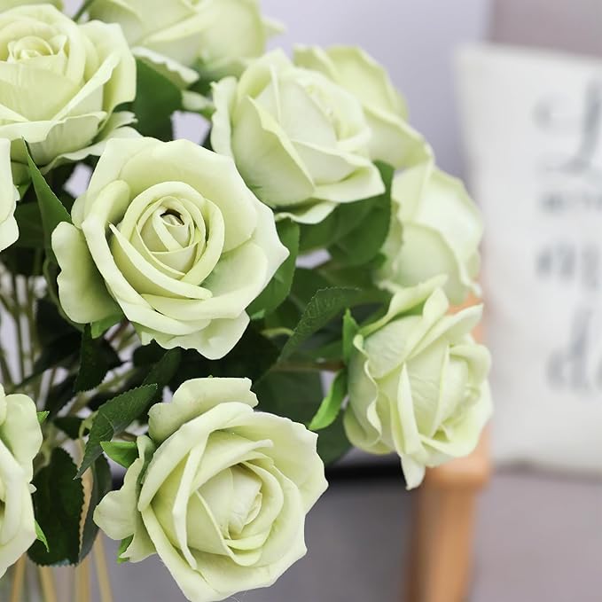 Hawesome Fake Roses Artificial Silk Flowers - 12 Pcs Green Roses Artificial Faux Flowers with Stems for Home Wedding Centerpiece Hotel Office Decor