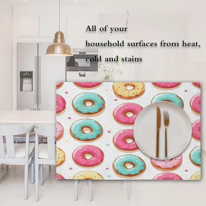 Sweet Doughnuts Placemats, Place Mats Set of 4, Heat Resistant Place Mats, Washable Table Mats for Dining Table, Non-Slip Stain Resistant Kitchen Table Placemats, Colorful Donut Pattern