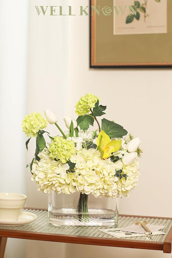 Fake Hydrangea Tulip Flowers in Vase, Artificial Flowers in Vase, Silk Hydrangea Tulip Flowers Dining Table Centerpiece Decorations for Living Room Birthday Wedding Party Decoration & Gift (Green)