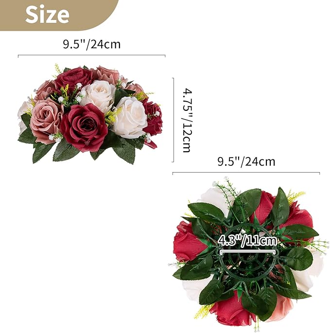 NUPTIO Artificial Flower Centrepieces for Tables - 10 Pcs Burgundy & Dusty Rose & Creamy White Fake Flowers Roses Balls 9.5in Diam - Silk Faux Rose Arrangement for Wedding Party Table Decor