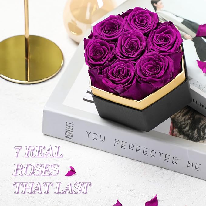Preserved Roses Flowers for Delivery 7 Pcs, Forever Flores in a Box with Necklace, Eternal Rose Anniversary Birthday Gifts for Women Mom Wife Girlfriend, Rosas for Valentines Christmas, Purple