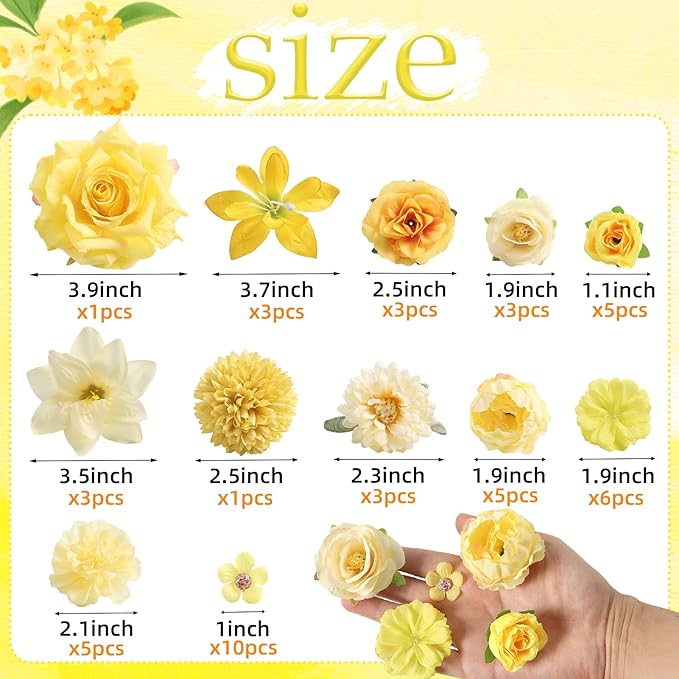 rongflower Fake Flower Heads for Crafts - Yellow Silk Artificial Roses, Peonies, Daisies & Mini Floral Heads Bulk (48-Pack) for Wedding Decor, Graduation Cap, Cake Topper, Baby Shower, Home Decoration