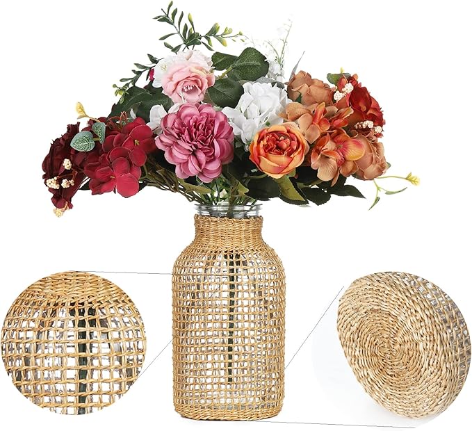 WHJY Boho Glass Vase, Rattan Vase, Farmhouse Rattan Décor, Round Flower Vase Basket Vase for Floral Arrangements -6.3 inch