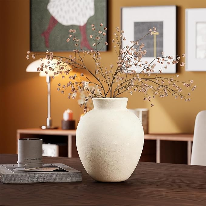 Ceramic Flower Vase, 6 Inch Decorative Rustic Vase Farmhouse Boho Vase for Centerpieces,Terracotta Vases for Home Decor, Living Room,Shelf,Wedding,White