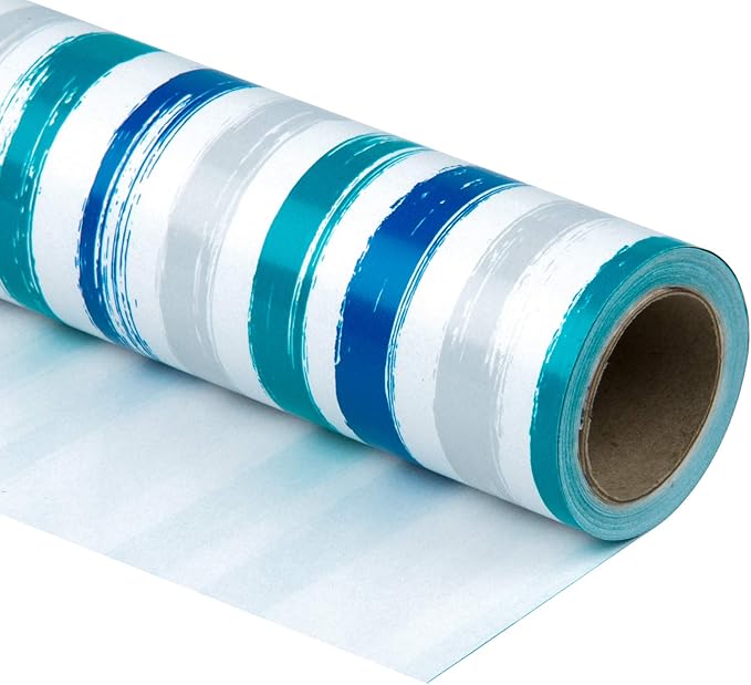 WRAPAHOLIC 30 Inch Blue Wrapping Paper Roll - Jumbo Blue Navy and Grey Lines Print for Birthday, Holiday, Wedding, Baby Shower Wrap - 30 inch x 33 feet