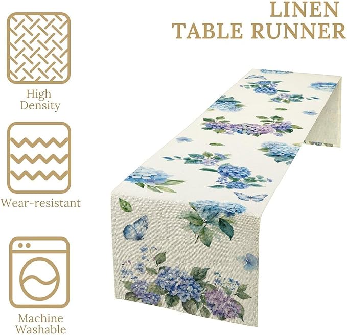 Blue Floral Table Runner, Spring Summer Watercolor Hydrangea Flower Butterfly Country Farmhouse Coffee Table Center Decor for Home Kitchen Dining Patio Holiday Party Table Decorations 13x36 inches