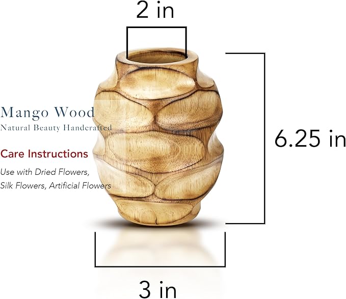 AeraVida 6.25 inch Mango Tree Hand-Carved Brown Wood Flower Vase Modern Oval Abstract Home Decor Accent Holder for Entry Table Contemporary Artistic Wooden Display | Wooden Vase | Brown Vase