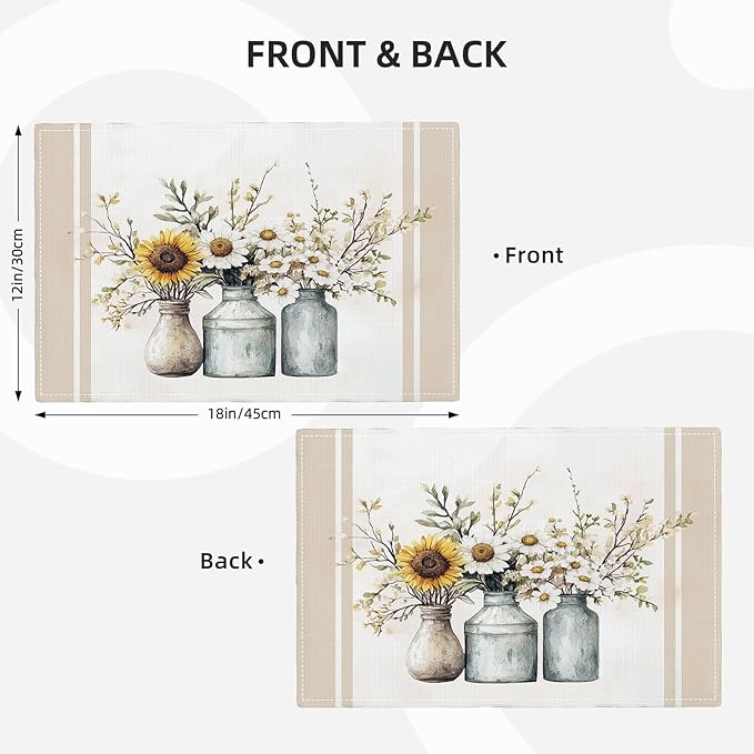 Farmhouse Sunflower Placemats Set of 4, Rustic Daisy Place Mats, Country Dining Table Mats, Washable Spring Placemats for Kitchen Dining Room Home Decor 18L'' × 12W''