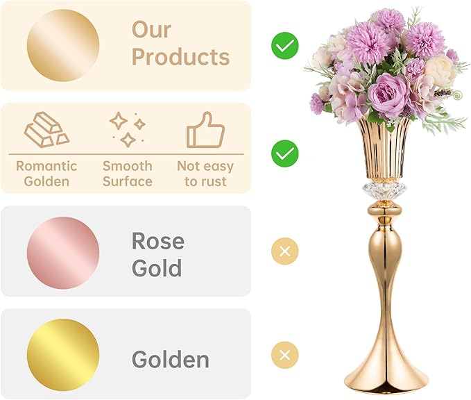 Metal Trumpet Wedding Flower Vases, 22" Tall Elegant Table Centerpiece Vases, Gold Flower Arrangement Stands for Anniversary Ceremony Birthday Party Event Wedding Home Decoration (Gold, 22"-2pcs)