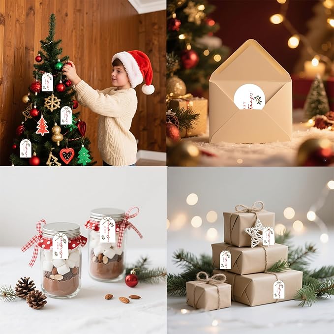 60Pcs Merry Christmas Gift Tags, 3.3x2.1 Gold Foil Xmas Presents Tags with String, Holiday Gift Tags with Berry for Winter New Year Party Candy Bag Envelope Gift Favor