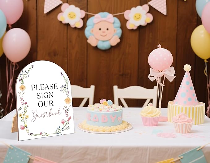 Boho Wildflower Please Sign Our Guestbook Sign for Baby Shower, 6x8 Inch Arch Wooden Sign with Stand, Floral Baby Shower Table Sign, Gender Neutral Party Decoration - MUK33