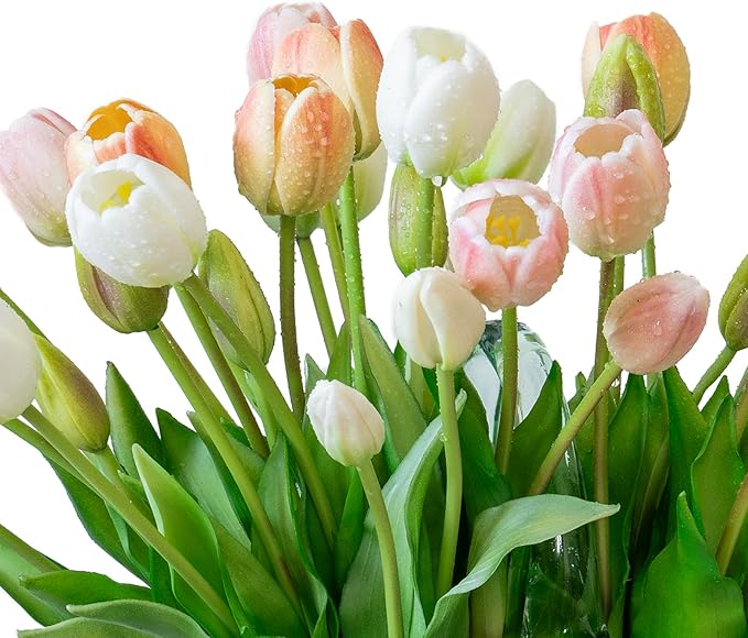 40pcs Artificial Tulips Flowers, Real Touch Latex Bouquet, Fake Tulips for Office Wedding Party Home Kitchen Garden Decoration-B Champagne
