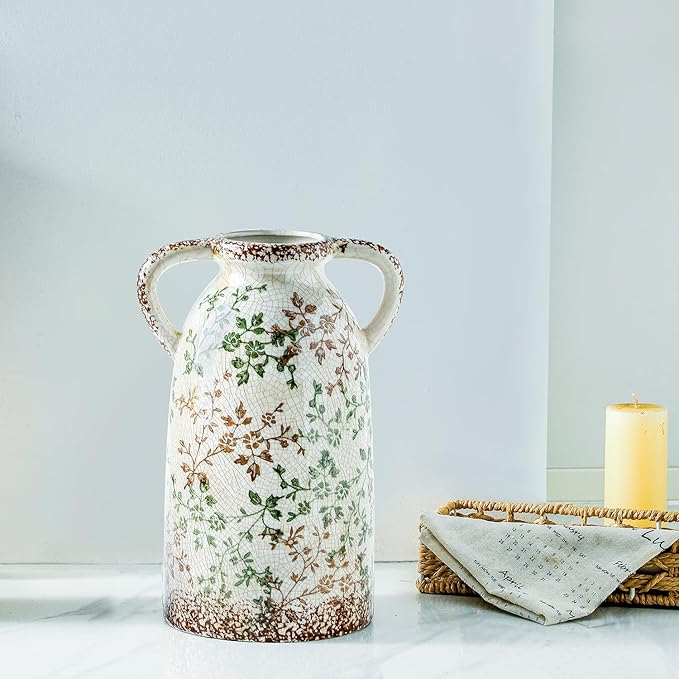 Enra Large Vintage Green and Beige Ceramic Chinoiserie Floral Vase, 11.2 Inch Rustic Decorative Flower Vase for Home, Living Room, Kitchen, or Office – Pastoral Retro Design