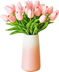 Mandy's Artificial Tulips 28 Stems Light Pink with Gradient Pink Vase PU Faux Flowers for Thanksgiving and Christmas Decorations Wedding Home Decor 13.5 Inch
