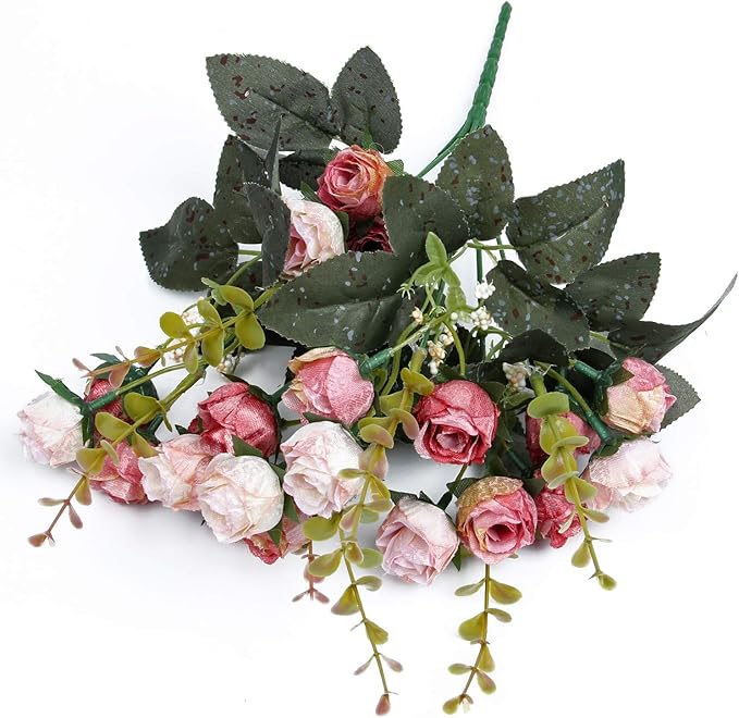 Flojery 21 Heads Silk Rose Bouquet Artificial Flowers Mini Rose for DIY Wedding Bouquets Centerpieces Bridal Shower Party Home Decorations,Pack of 4 （Pink）