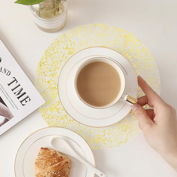 Hysenm 100 Pcs Disposable Gold Placemats Set Metallic 13 Inch Round Table Doilies, Ultra-Thin Messy Lines Disposable Placement Mats for Home Decoration Dining Table Wedding Birthday Party