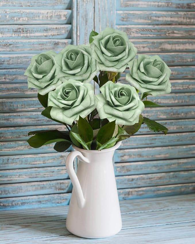 JOYLEX 100PCS Elf Green Artificial Flowers Realistic Roses, Real Looking Fake Roses with Stem for DIY Wedding Bouquets Centerpieces Bridal Shower Party Home Romantic Decorations (Elf Green, 100pcs)