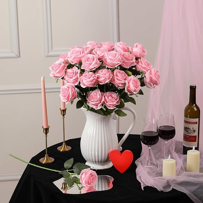 Nubry 24pcs Artificial Silk Roses Bulk,Fake Roses Flower with Stems Realistic Flowers for Wedding Centerpiece Home Party Decor(Pink)