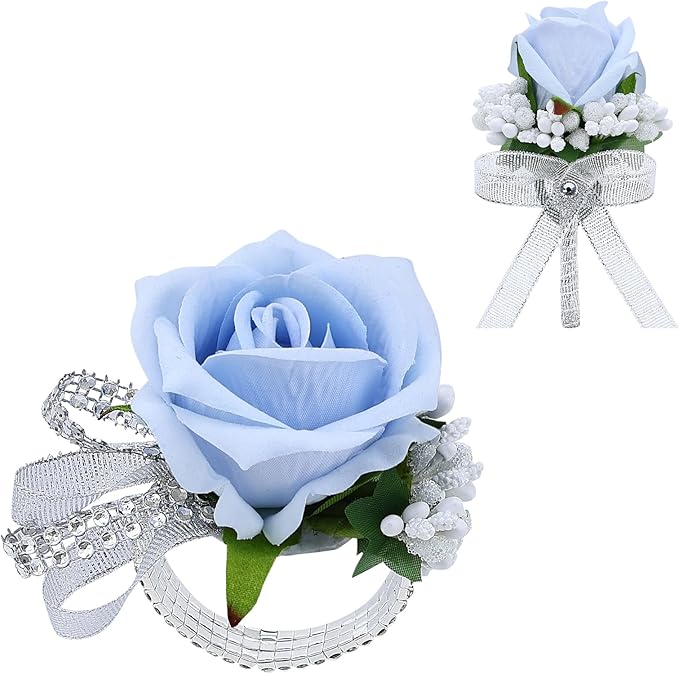 2Pcs Light Blue Rose Corsage and Boutonniere Set, Artificial Wrist Corsage Wristlet Bracelets, Men Boutonniere for Wedding Party Homecoming Formal Dinner Flowers Accessories Prom Suit Decor