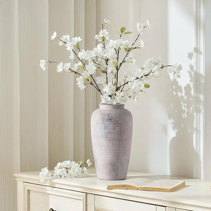 Large Rustic Ceramic Vase, 11 Inch Farmhouse Decorative Vases for Home Decor, Vintage Tall Flower Vase for Dining Table Centerpiece Living Room Kitchen Fireplace Mantle Bookshelf, Wabi Sabi Decoration