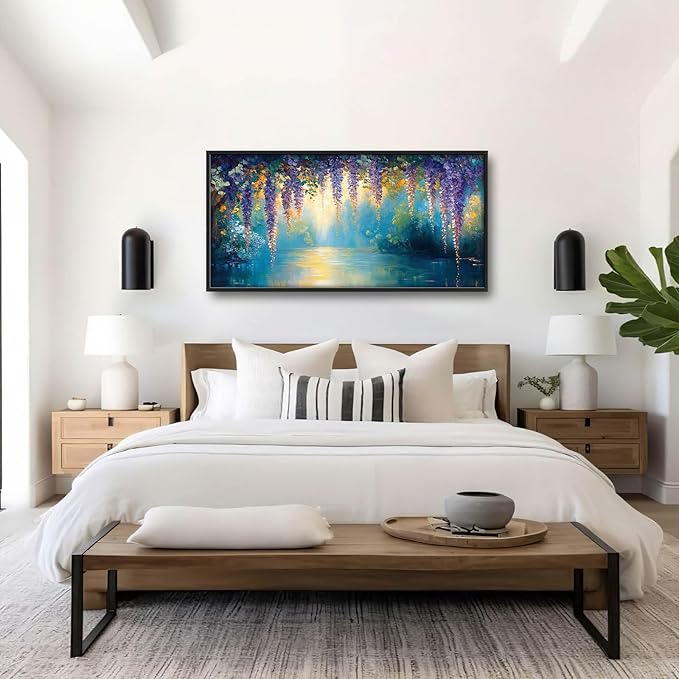 Wisteria Floral Large Wall Art Country Flower Pictures Wall Decor Lake Canvas Landscape Print Painting Modern Artwork Home Decoration for Living Room Bathroom Bedroom Office Framed 60"x30"