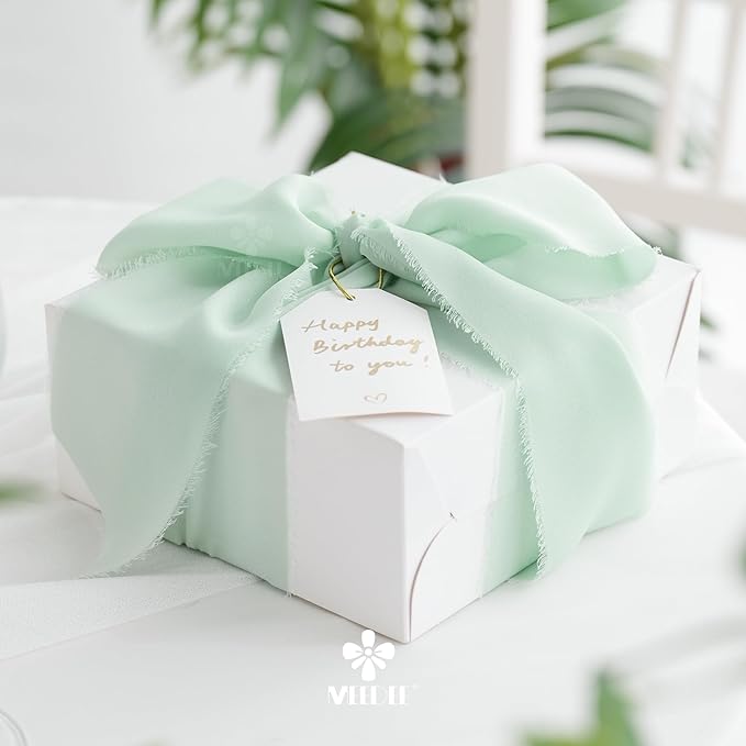 MEEDEE Mint Green Chiffon Ribbon 3 Inch Green Frayed Chiffon Silk Fringe Ribbon Wide Chiffon for Crafts, Flower Bouquet, Wedding Favors Wrapping (2 Rolls 10 Yards)