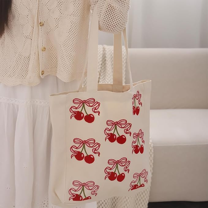 Aesthetic Embroidery Tote Bag for Lady Cute Reusable Canvas Shoulder Bag for Girls Women Shopping Grocery