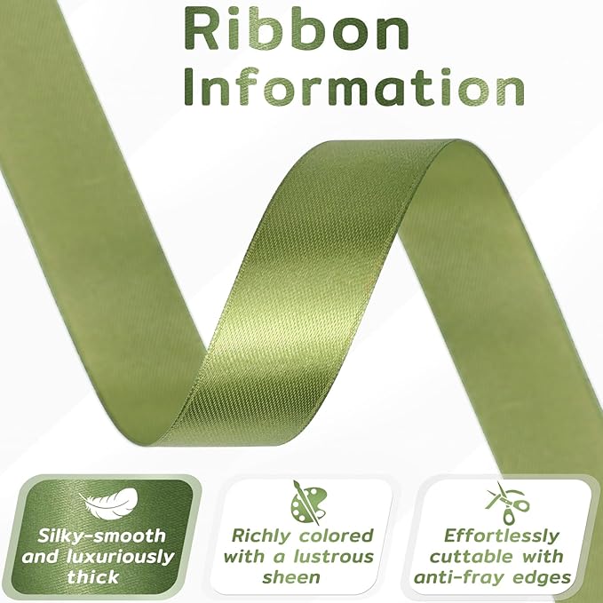 60 Yards Olive Green Satin Ribbon 7/8 Inch, Solid Polyester Fabric Ribbon for Gift Wrapping, Crafts, Flower Bouquet, Wedding, Baby Shower, Festival, Christmas, Halloween